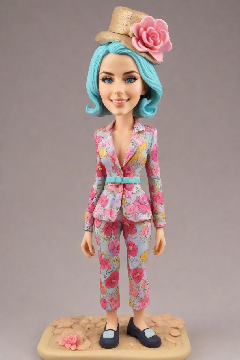 Trend Alert: Floral Power Suits and Mini-Top Hats - The New Must-Have for Personalized Bobbleheads,She's Got the Power: A Confident Pose, Floral Suit, and a Mini-Me to Match