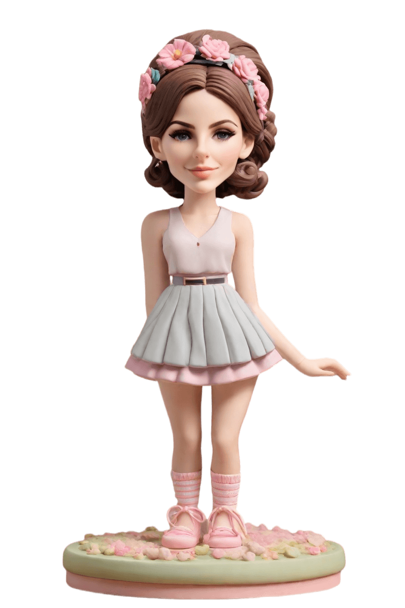 Custom Bobble head dolls: pose:Cheeky wink with one hand on hip,outfit:Floral headband, mismatched socks, oversized blazer, mini skirt