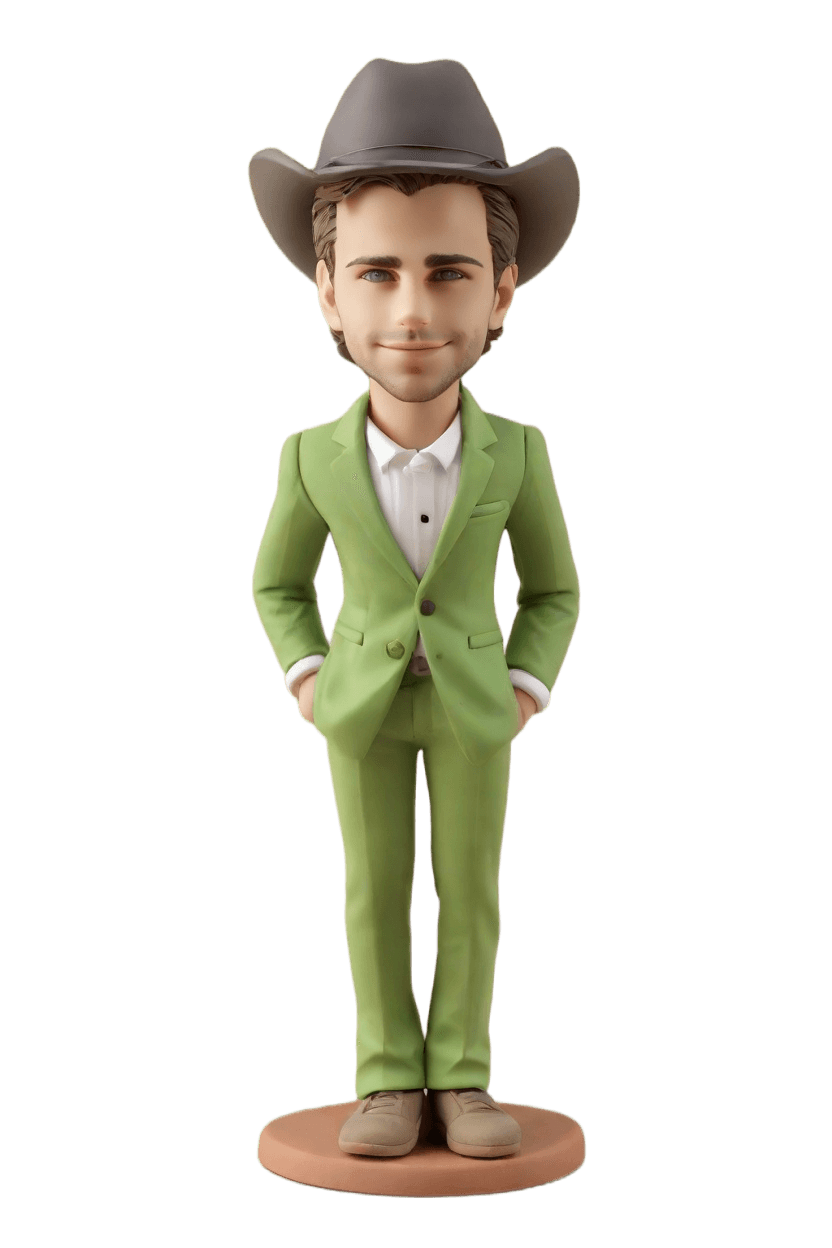 Custom Bobble head dolls: pose:Confidently holding a football, wearing a playful smirk.,outfit:Neon green suit, mismatched socks, and a cowboy hat.