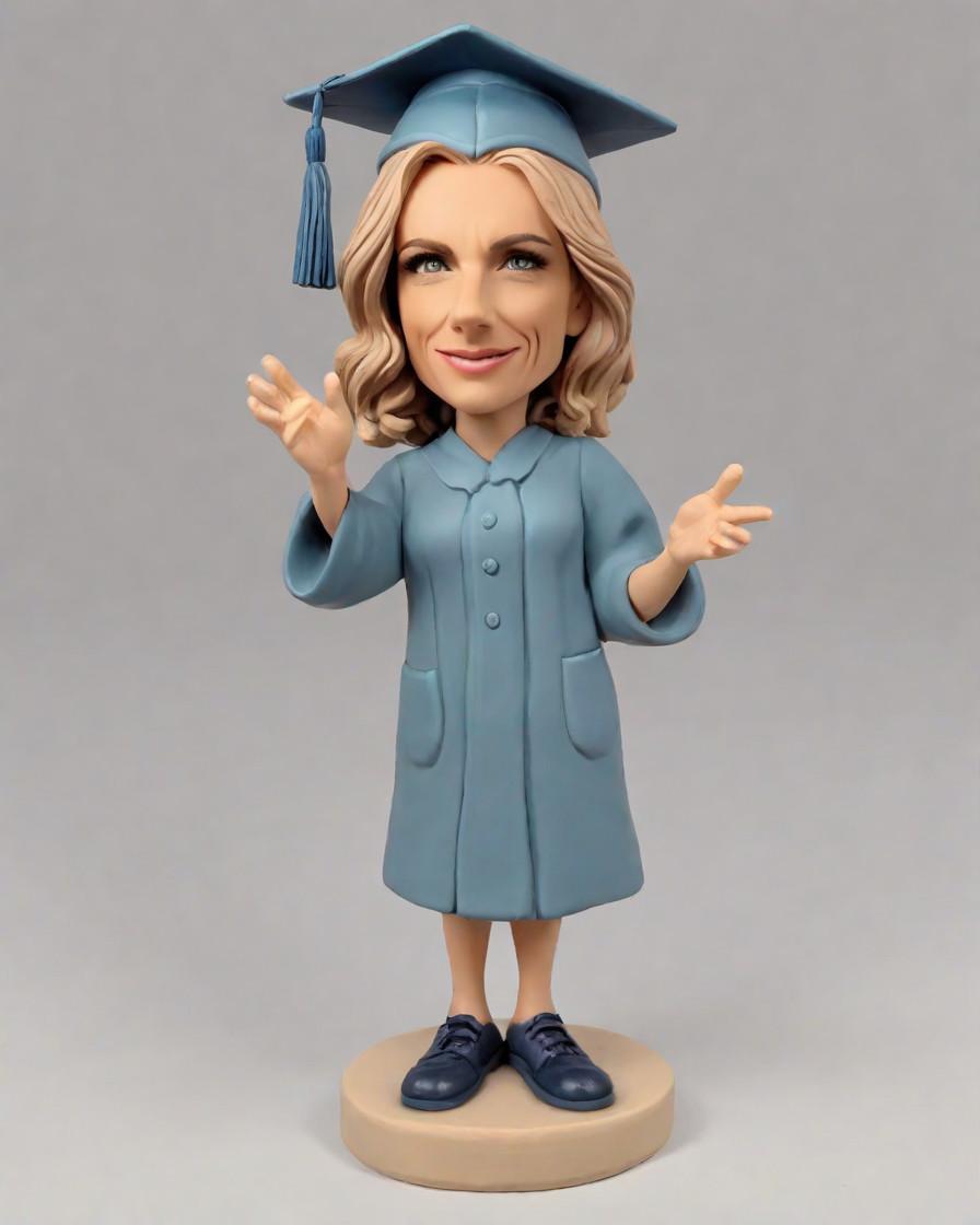 Spotlight on Success: A Custom Bobblehead That Tells Her Graduation Story,She Did It! A Daughter's Graduation Hug, Now a Cherished Mini-Me Figurine