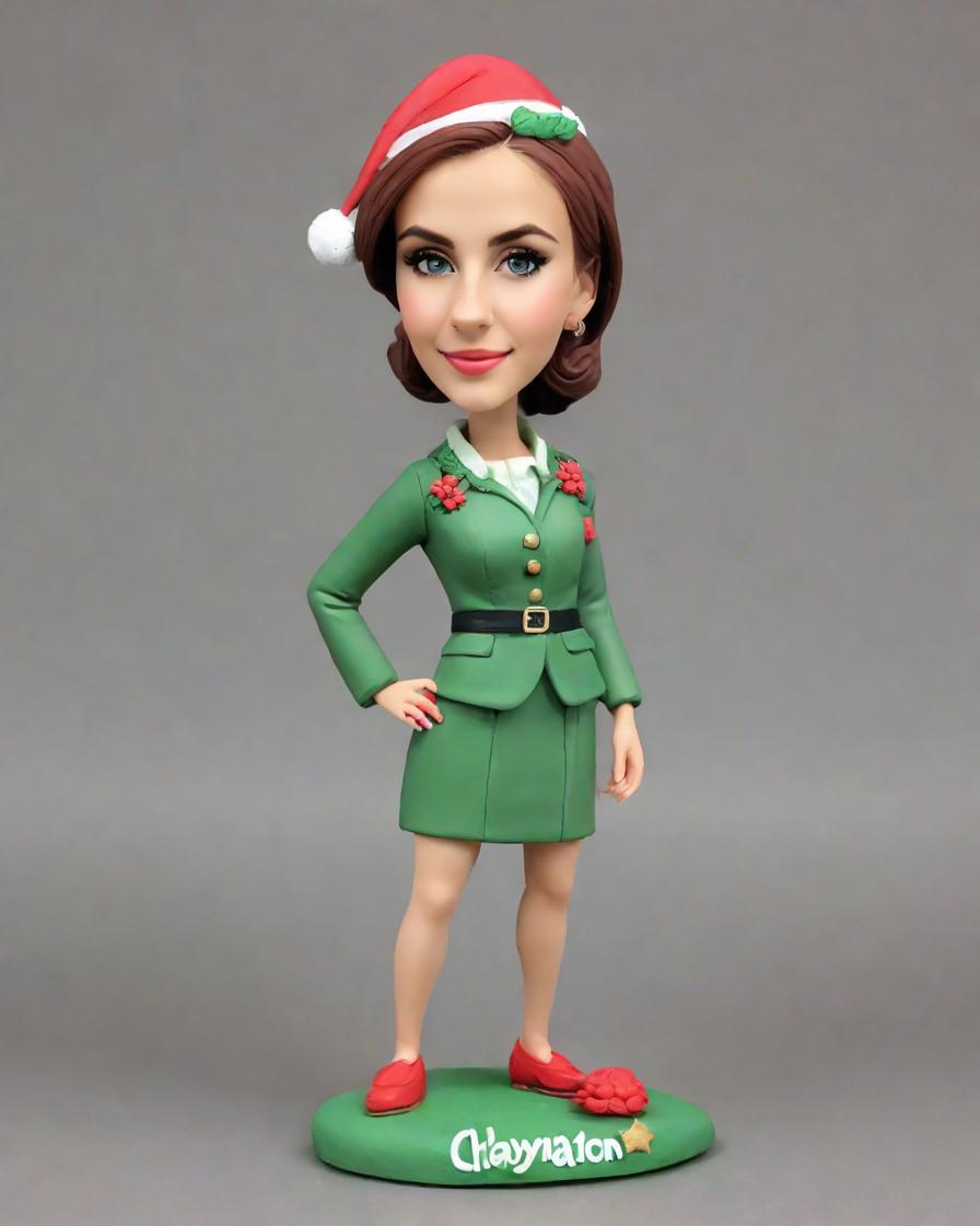 A Mini-Me for the Holidays: The Ultimate Personalized Gift for Fashionistas,She's Rocking the Festive Look: A Personalized Bobblehead in Red and Green Suit
