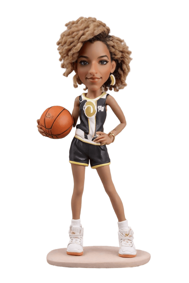 Custom Bobble head dolls: pose:Confidently dribbling a basketball, one hand on hip.,outfit:Leather jacket over a basketball jersey, high-waisted shorts, chunky sneakers, and statement hoop earrings.