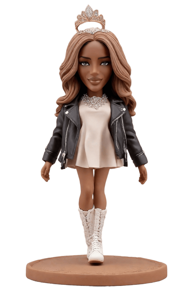 Custom Bobble head dolls: pose:Heroic stance with a smirk,outfit:Leather biker jacket over a flowing dress, thigh-high boots, and a crystal tiara.