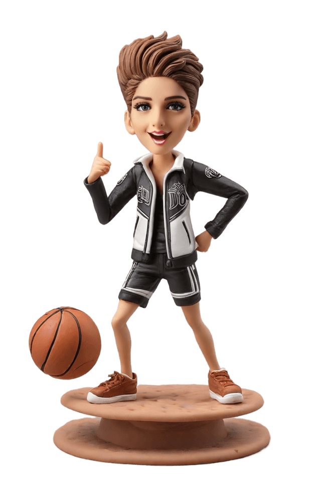 Custom Bobble head dolls: pose:Striking a power pose with a basketball in hand.,outfit:Leather jacket over a Spurs jersey, paired with high-top sneakers and a statement choker.