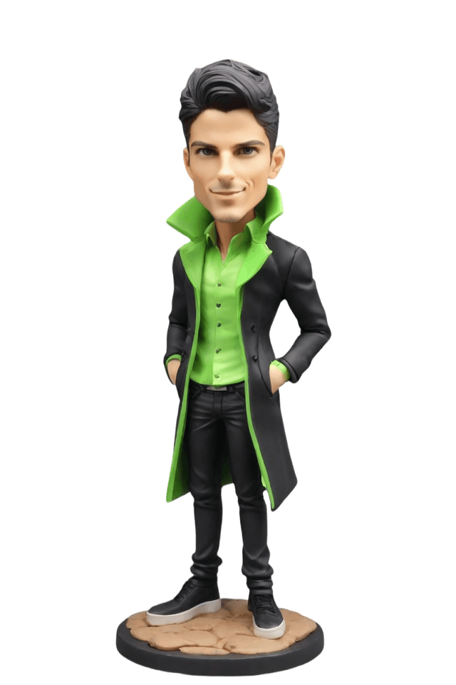 Custom Bobble head dolls: pose:Striking a dramatic, villainous pose with a smirk.,outfit:Black trench coat, red-lined, over a neon green anime villain shirt, paired with black skinny jeans and chunky white sneakers.