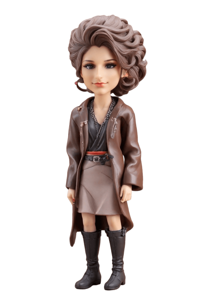 Custom Bobble head dolls: pose:Casual stance with a confident smirk,outfit:Leather jacket over a kimono, combat boots, and a chain belt.